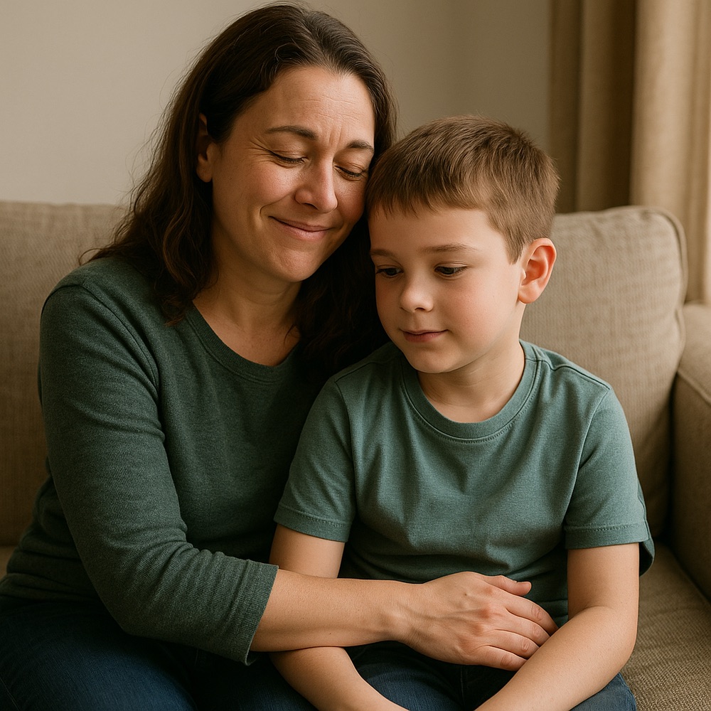 A parent and child embracing at home